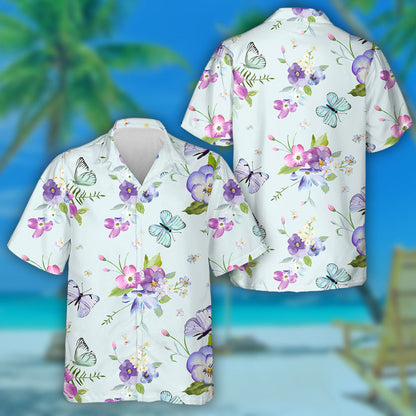 Blooming Flowers And Butterfly Flying Flowers Hawaiian Shirt, Hawaiian For Gift