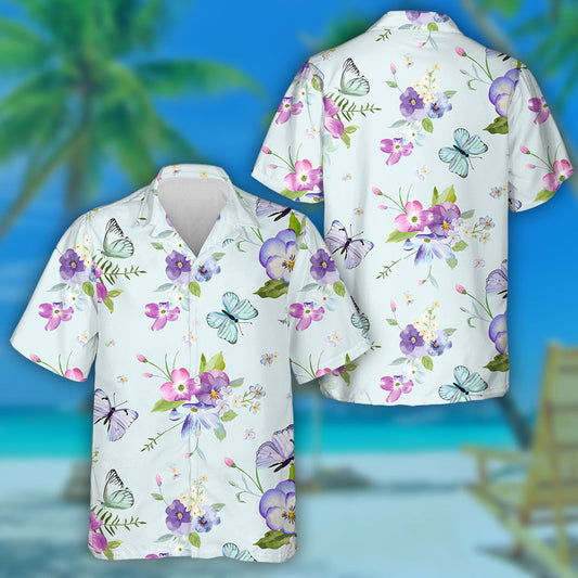 Blooming Flowers And Butterfly Flying Flowers Hawaiian Shirt, Hawaiian For Gift