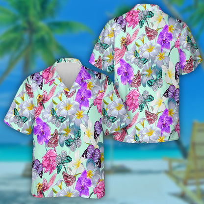 Hand Drawn Exotic Butterflies And Tropical Pink Lotus Hawaiian Shirt, Hawaiian Shirt Gift, Christmas Gift