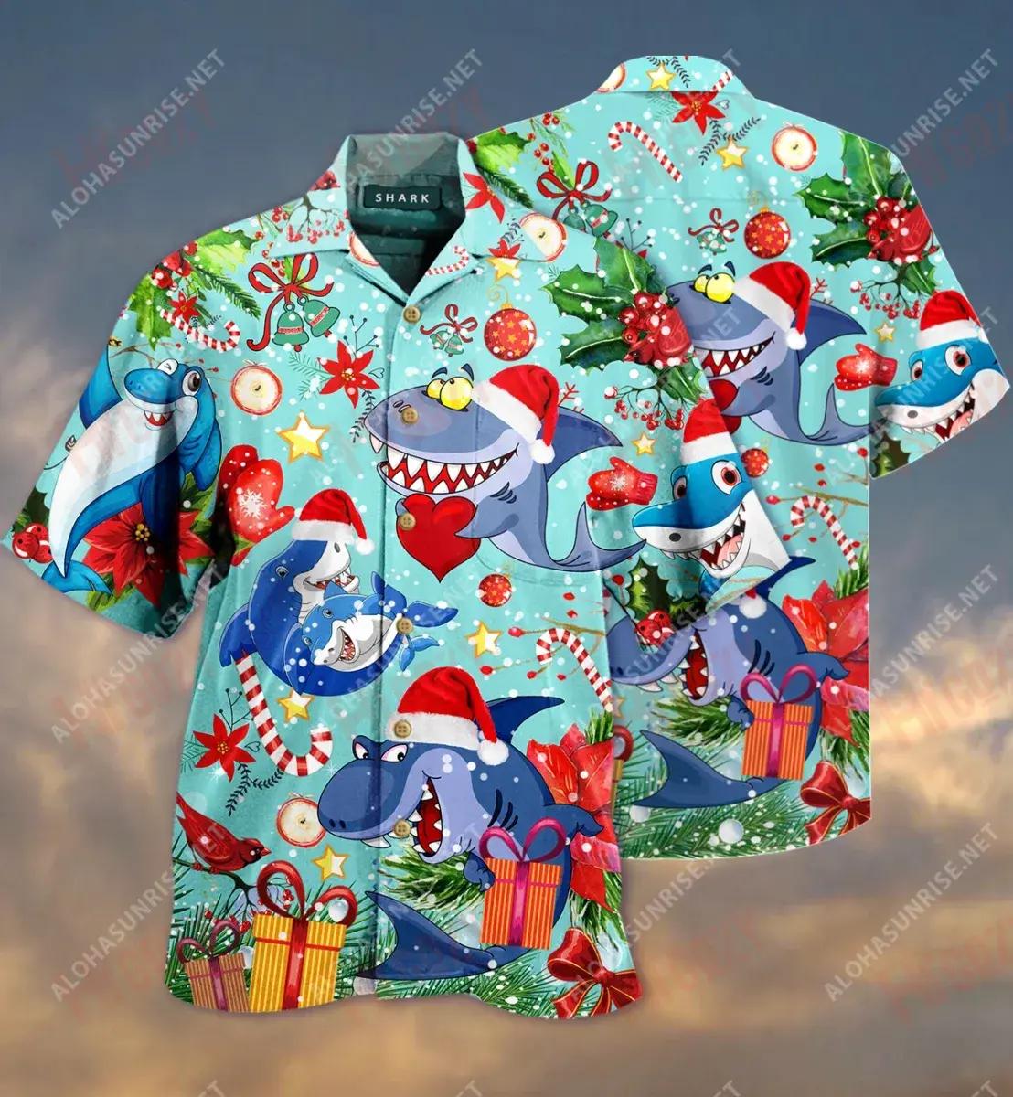 Sharks Give Christmas Gifts Short Short Sleeve Shirt Vacation Hawaiian T Shirts Hawaiian Crazy Shirts Hawaiian Shirts For Women, Hawaiian Shirt Gift, Christmas Gift