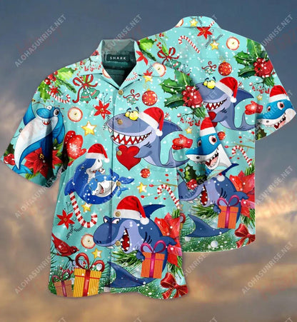 Sharks Give Christmas Gifts Short Short Sleeve Shirt Vacation Hawaiian T Shirts Hawaiian Crazy Shirts Hawaiian Shirts For Women, Hawaiian Shirt Gift, Christmas Gift