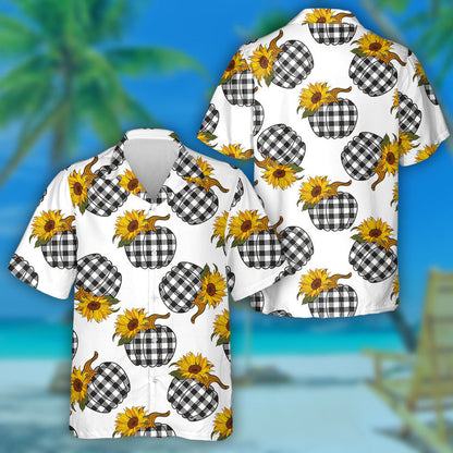 Farmhouse Sunflowers Plaid Pumpkin Illustration On White Background Hawaiian Shirt, Hawaiian Shirt Gift, Christmas Gift