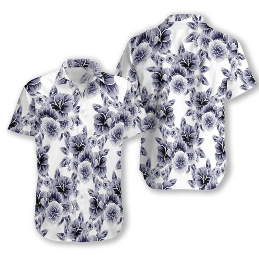 Black Flower On White Background Pattern Hawaiian Shirt, Hawaiian For Gift