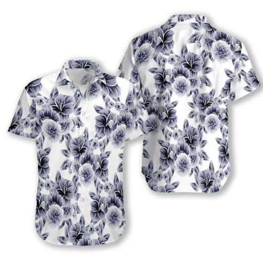 Black Flower On White Background Pattern Hawaiian Shirt, Hawaiian For Gift