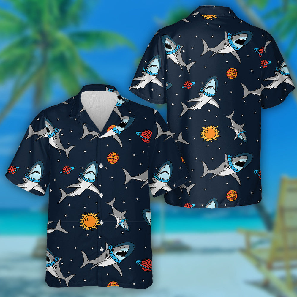 Pattern Of Cute Astronaut Shark And Space Background Elements Hawaiian Shirt, Hawaiian Shirt Gift, Christmas Gift