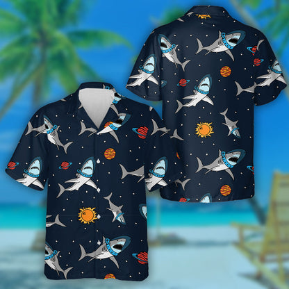 Pattern Of Cute Astronaut Shark And Space Background Elements Hawaiian Shirt, Hawaiian Shirt Gift, Christmas Gift