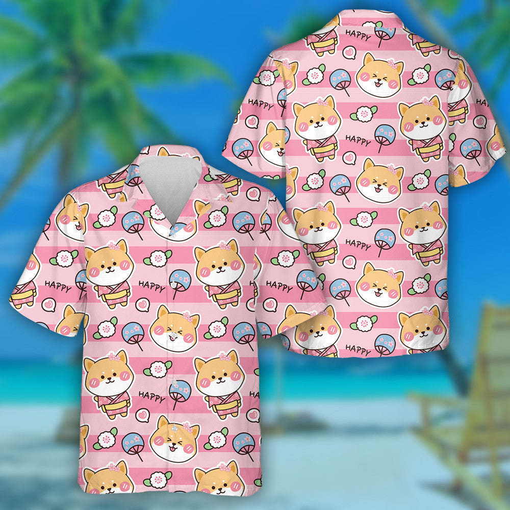 Cartoon Cute Shiba Inu With Flower Isolated Background Hawaiian Shirt, Hawaiian Shirt Gift, Christmas Gift