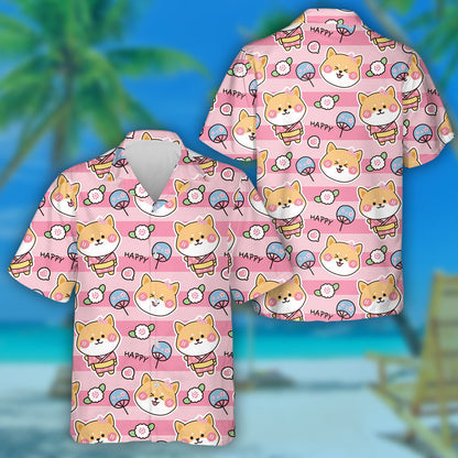 Cartoon Cute Shiba Inu With Flower Isolated Background Hawaiian Shirt, Hawaiian Shirt Gift, Christmas Gift