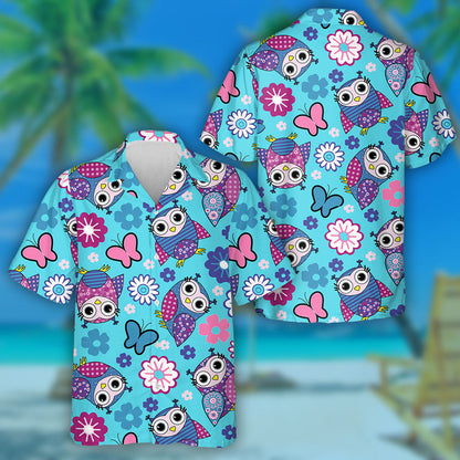 Hand Drawn Butterflies Owls And Flowers Hawaiian Shirt, Hawaiian For Gift