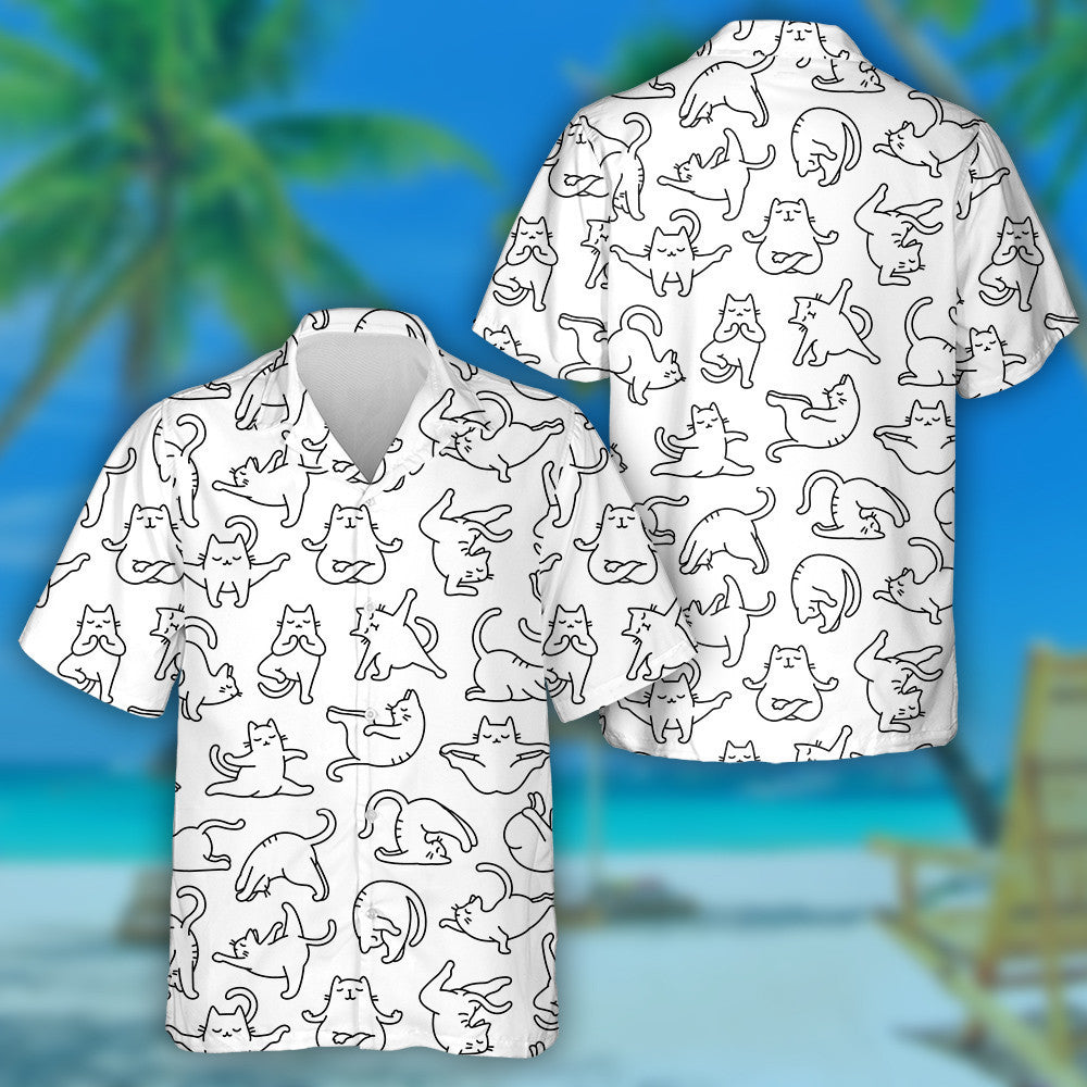 Cartoon Doodle Comic Outline Cats In Yoga Pose Hawaiian Shirt, Hawaiian Shirt Gift, Christmas Gift