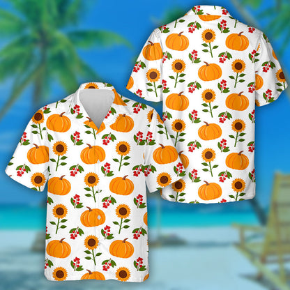 Autumn Symbols With Pumpkins Berries And Sunflowers Pattern Hawaiian Shirt, Hawaiian Shirt Gift, Christmas Gift