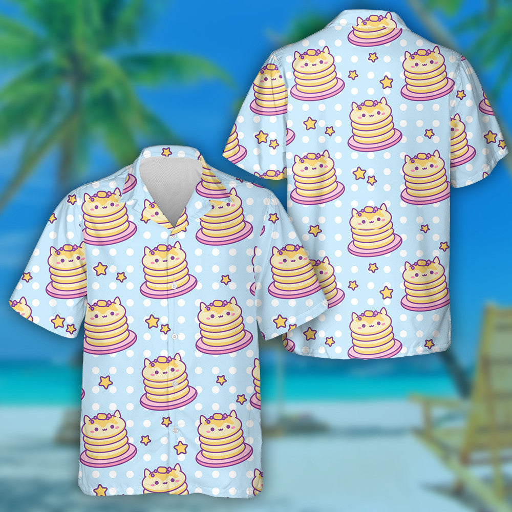 Smiling Pancakes Cat Sweet Blue Polka Dot Background Hawaiian Shirt, Hawaiian Shirt Gift, Christmas Gift