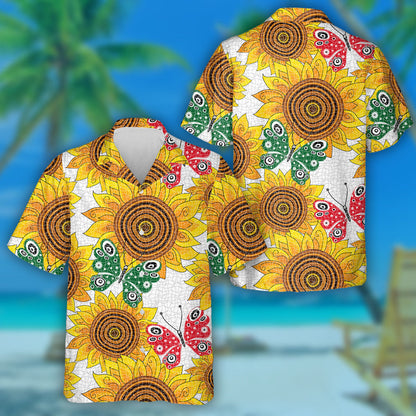 Spring Pattern With Sunflowers And Red And Green Butterflies Hawaiian Shirt, Hawaiian Shirt Gift, Christmas Gift