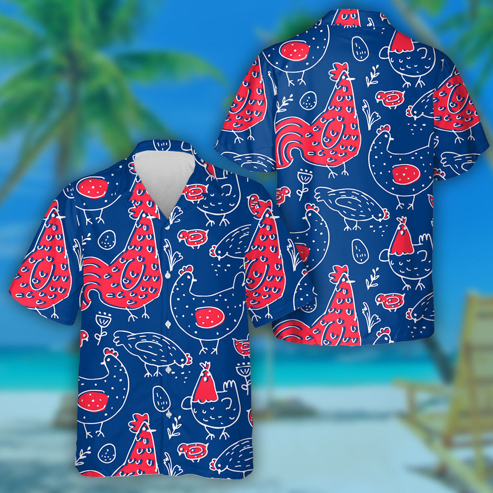 Hand Drawn Patriotic USA Colors Chicken Rooster Hawaiian Shirt, Hawaiian Shirt Gift, Christmas Gift