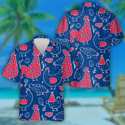 Hand Drawn Patriotic USA Colors Chicken Rooster Hawaiian Shirt, Hawaiian Shirt Gift, Christmas Gift