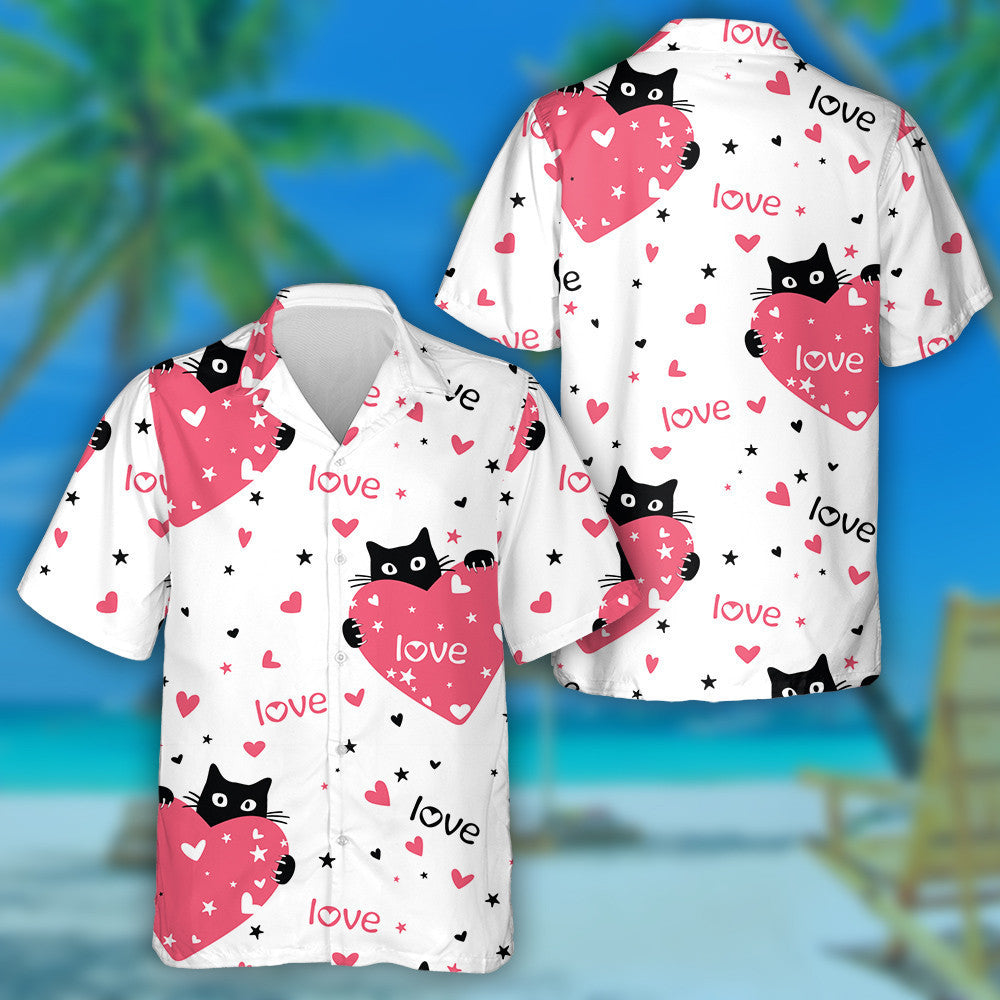 Cute Black Cats And Hearts For Love Day Hawaiian Shirt, Hawaiian Shirt Gift, Christmas Gift