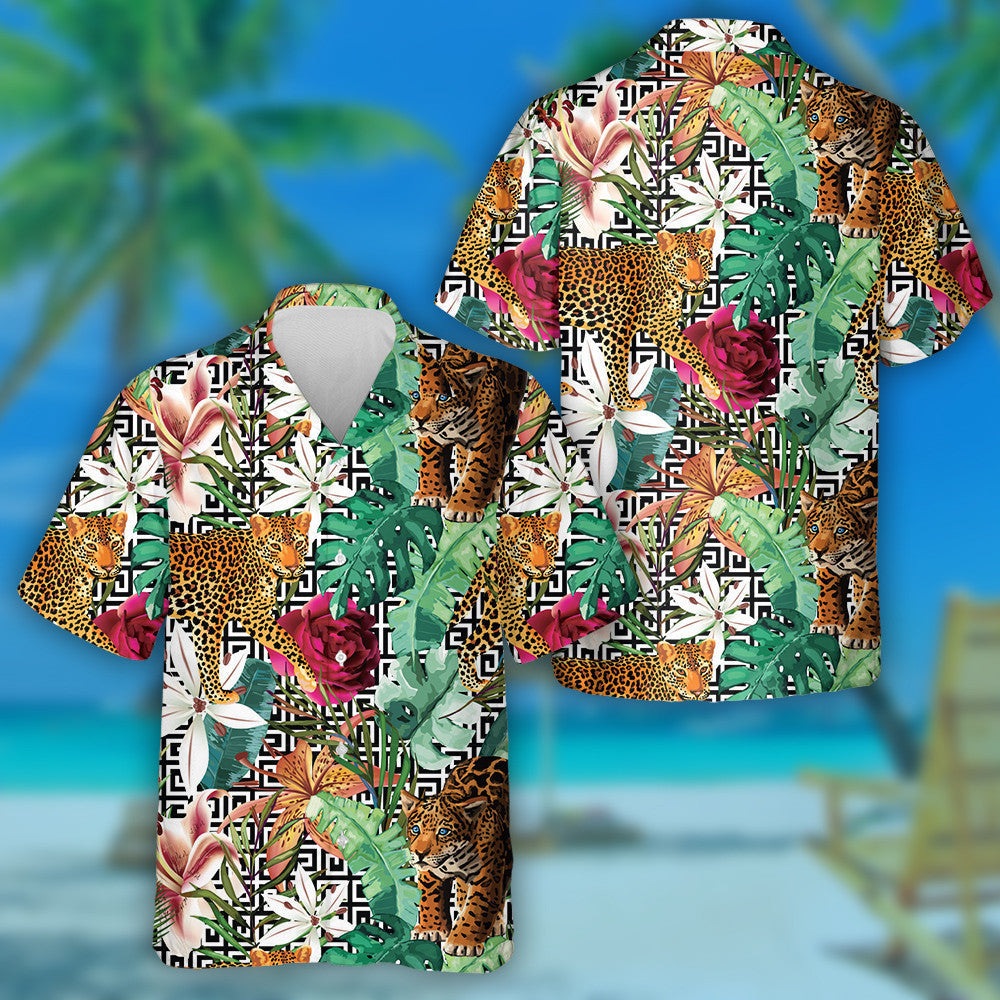 Wild African Leopard In Tropical Forest Geometric Background Hawaiian Shirt, Hawaiian Shirt Gift, Christmas Gift