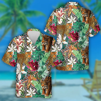 Wild African Leopard In Tropical Forest Geometric Background Hawaiian Shirt, Hawaiian Shirt Gift, Christmas Gift