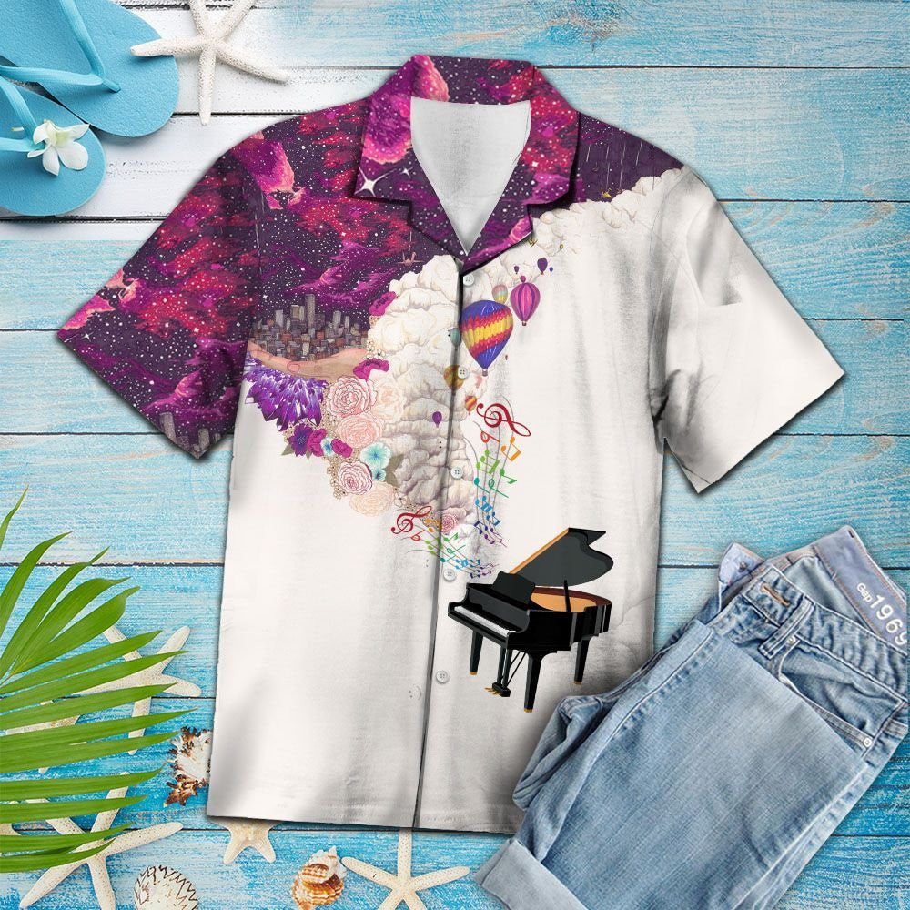 Piano Under Purple Galaxy With Hot Air Balloons Hawaiian Shirt, Hawaiian Shirt Gift, Christmas Gift