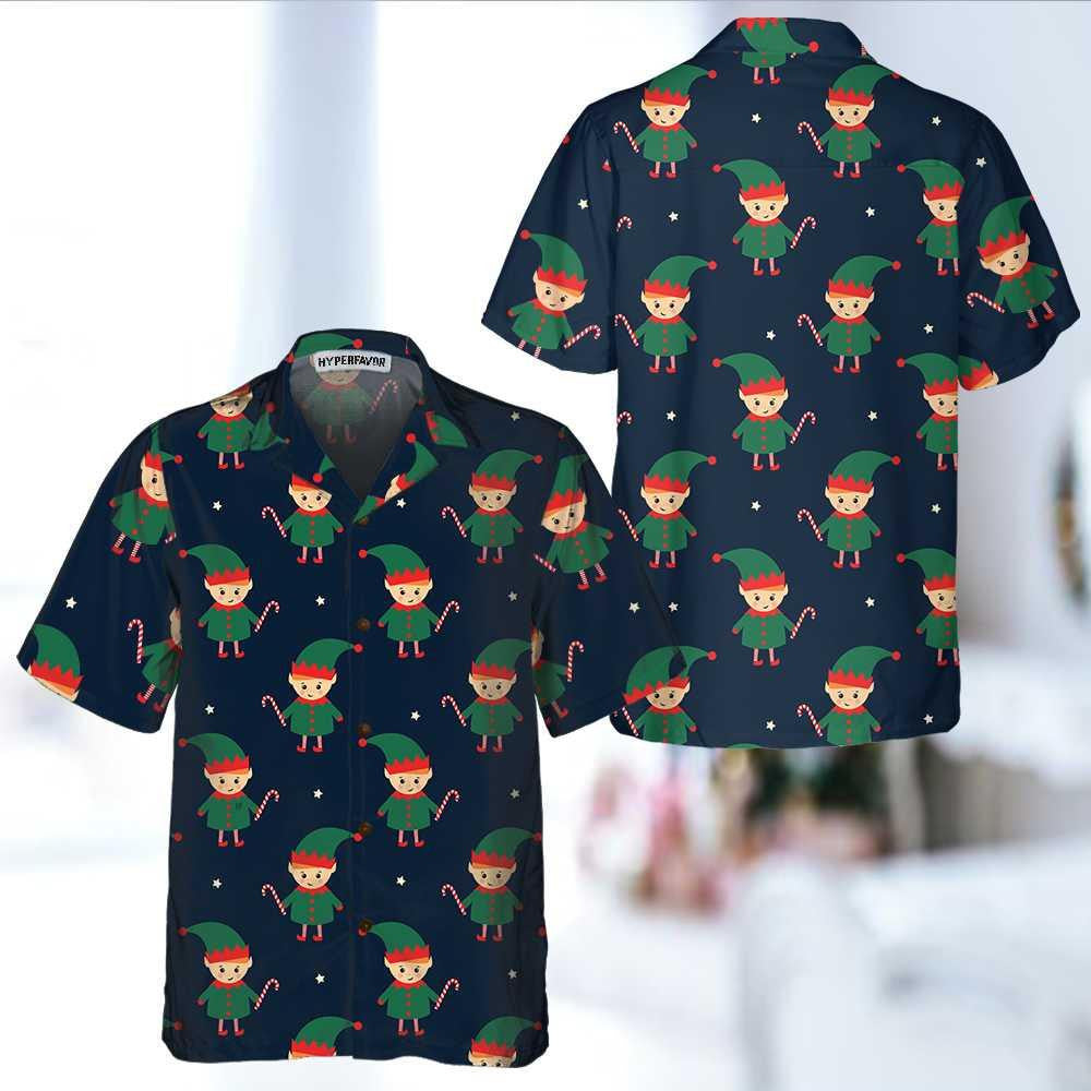Cartoon Cute Elf With Candy Cane Navy Backdrop Hawaiian Shirt, Hawaiian Shirt Gift, Christmas Gift