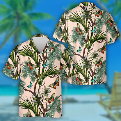 Tropical Summer Background With Butterflies A Palm Leaf Hawaiian Shirt, Hawaiian Shirt Gift, Christmas Gift