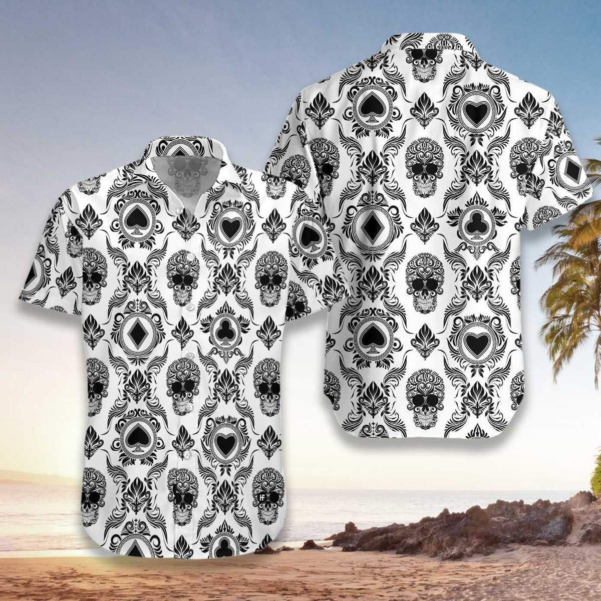 Casino And Black Skull Pattern Hawaiian Shirt, Hawaiian For Gift