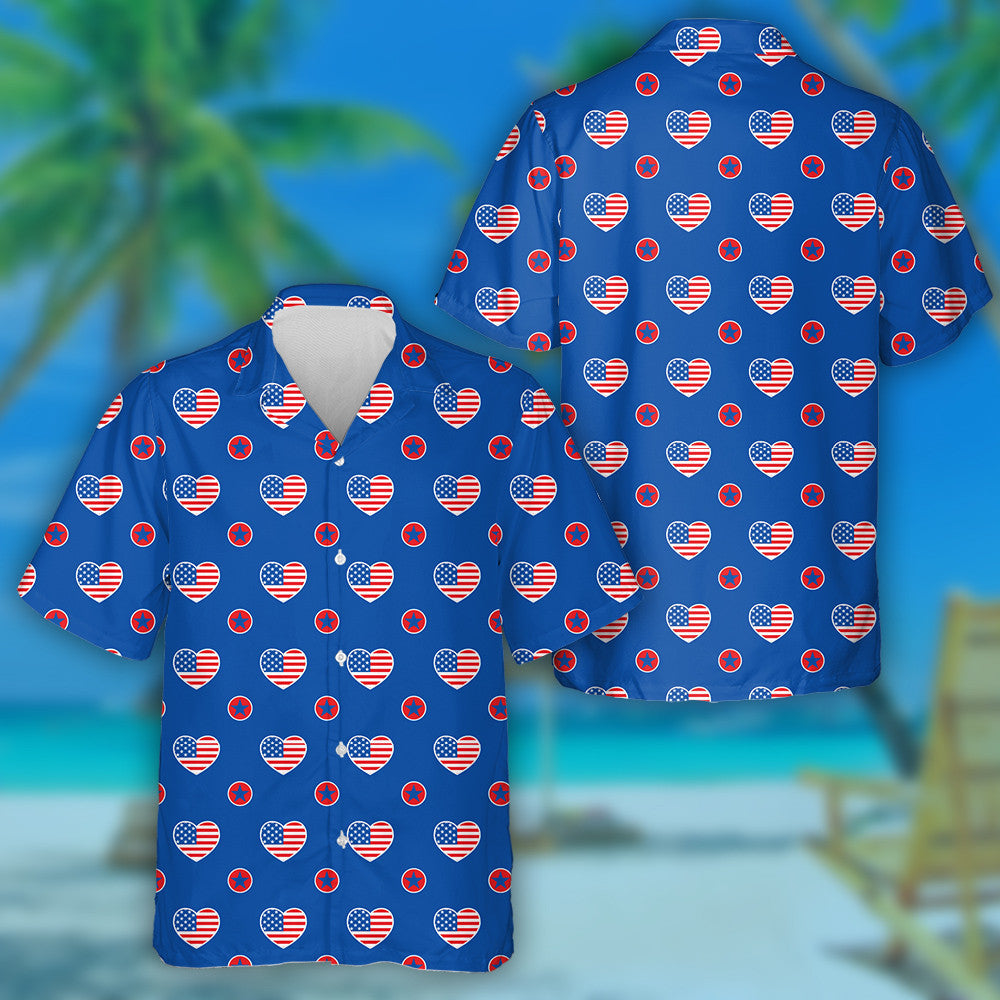 Big Love For America With Heart Shapes And Stars Hawaiian Shirt, Hawaiian Shirt Gift, Christmas Gift