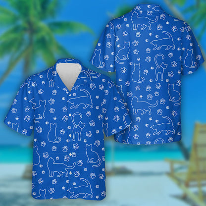 Fun Cat And Paw On Blue Animal Background Hawaiian Shirt, Hawaiian Shirt Gift, Christmas Gift