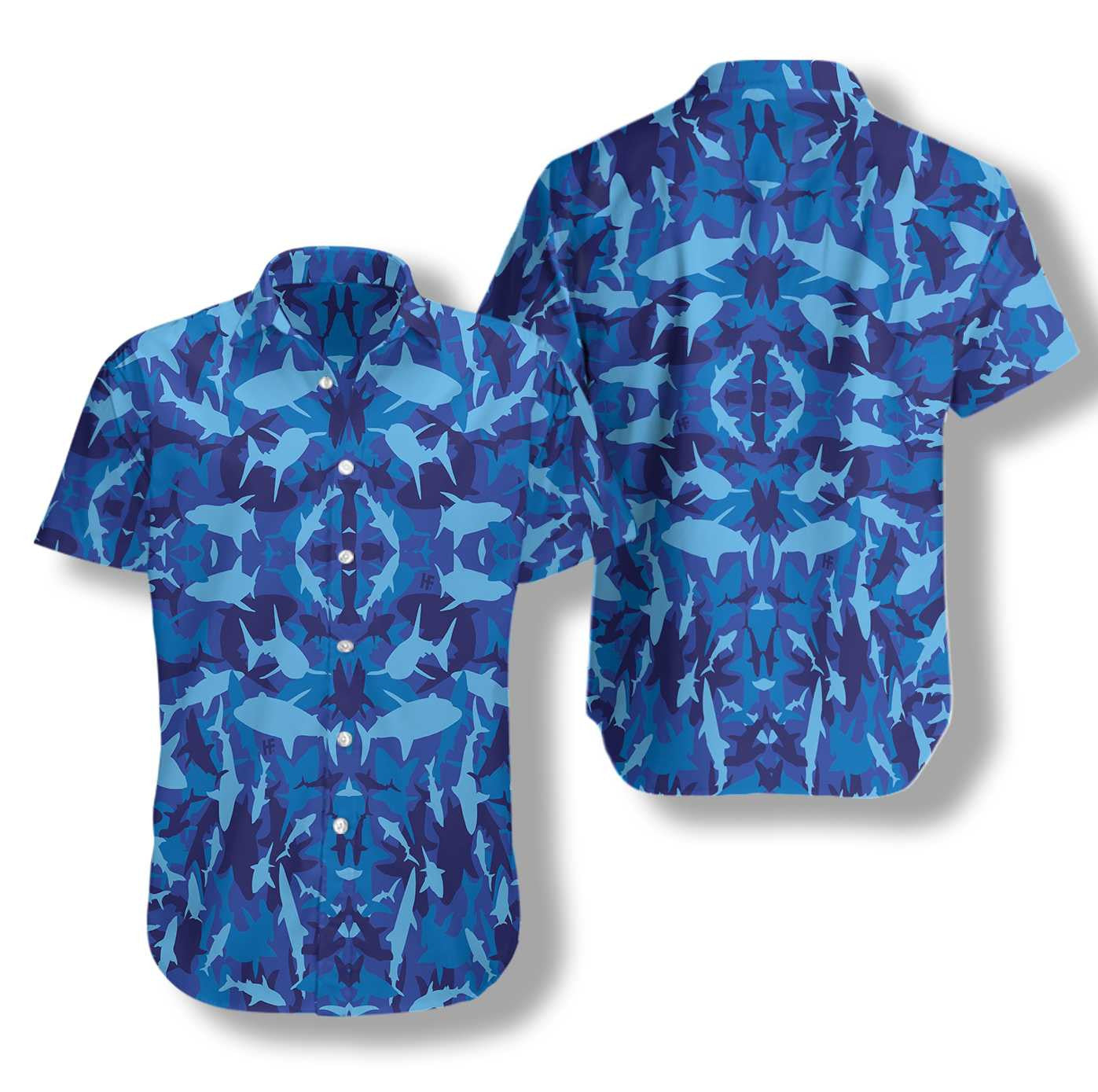Military With Shark Blue Camo Pattern Design Hawaiian Shirt, Hawaiian Shirt Gift, Christmas Gift