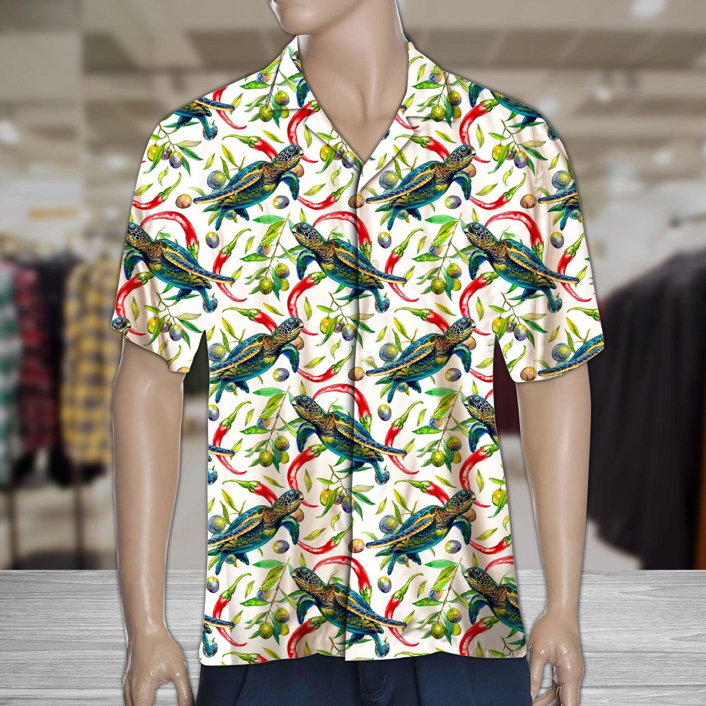 Hot Red Chili Peppers And Turtle Pattern Hawaiian Shirt, Hawaiian Shirt Gift, Christmas Gift