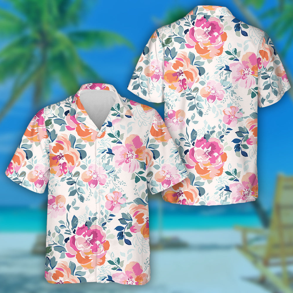 Watercolor Pink And Orange Flowers And Leaves Branches Design Hawaiian Shirt, Hawaiian Shirt Gift, Christmas Gift