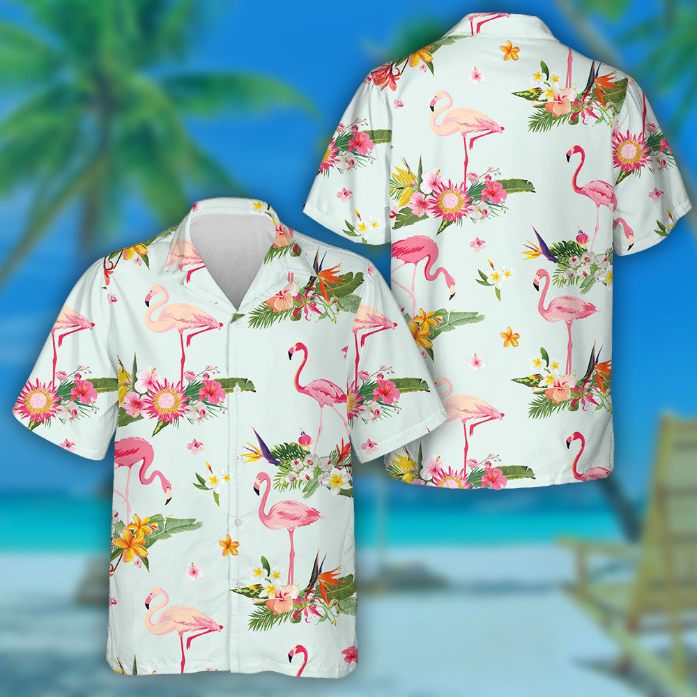 Flamingo Bird And Colorful Tropical Flowers Hawaiian Shirt,Hawaiian Shirt Gift, Christmas Gift