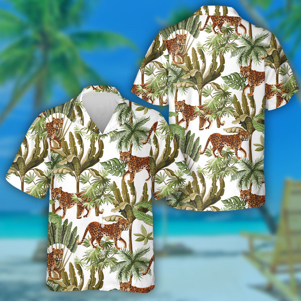 Exotic Trees And Wild Leopard On White Background Hawaiian Shirt, Hawaiian Shirt Gift, Christmas Gift