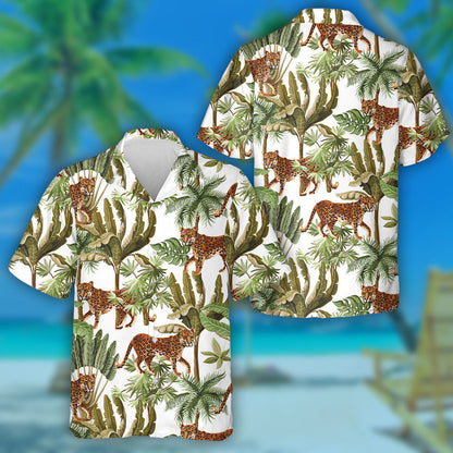 Exotic Trees And Wild Leopard On White Background Hawaiian Shirt, Hawaiian Shirt Gift, Christmas Gift