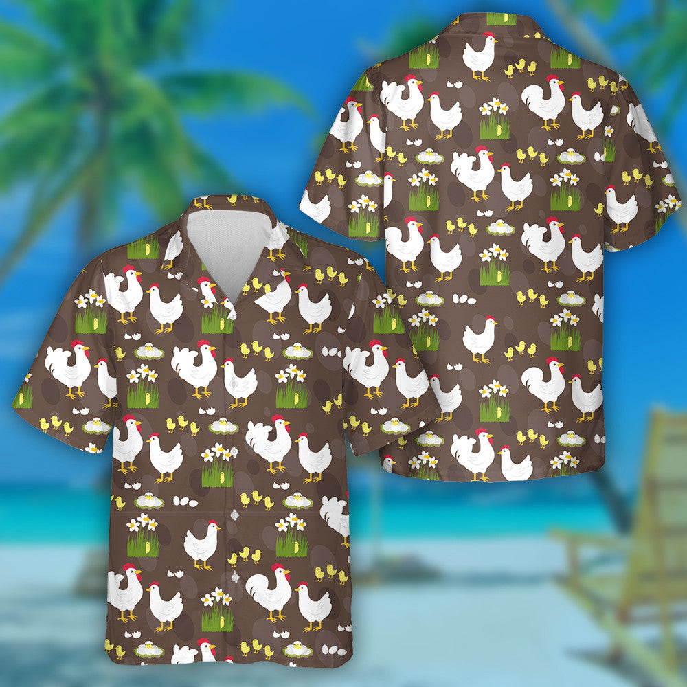 Chickens Hens And Roosters With Grass Flower Hawaiian Shirt, Hawaiian Shirt Gift, Christmas Gift