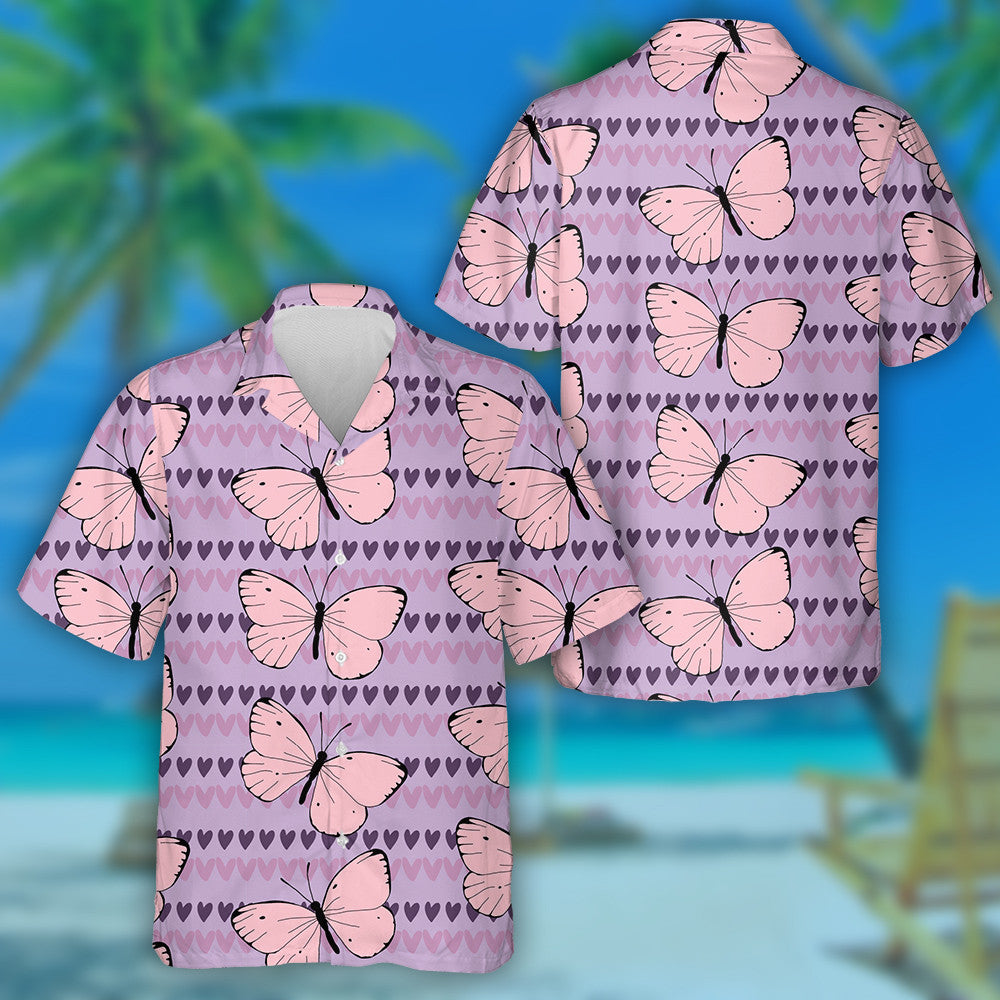 Spring Theme Pink Butterflies On Pastel With Hearts Hawaiian Shirt, Hawaiian Shirt Gift, Christmas Gift