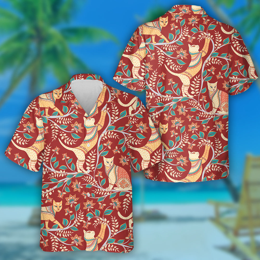 Cats With Branches Flowers And Leaves Indian Style Hawaiian Shirt, Hawaiian Shirt Gift, Christmas Gift