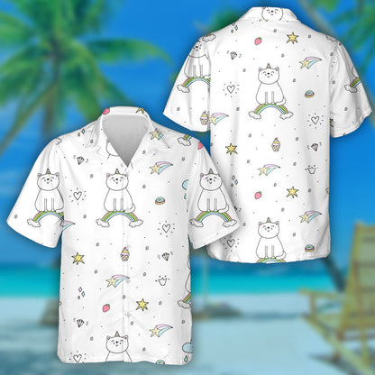Hand Drawn Cute Cat On A Rainbow Hawaiian Shirt, Hawaiian Shirt Gift, Christmas Gift