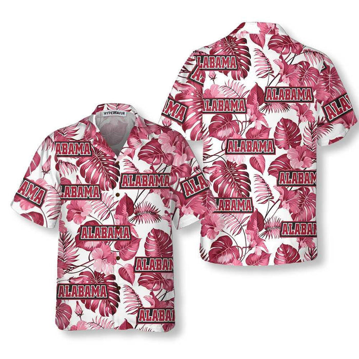 Alabama USA Pink Tropical Leaf Pattern Hawaiian Shirt, Hawaiian For Gift