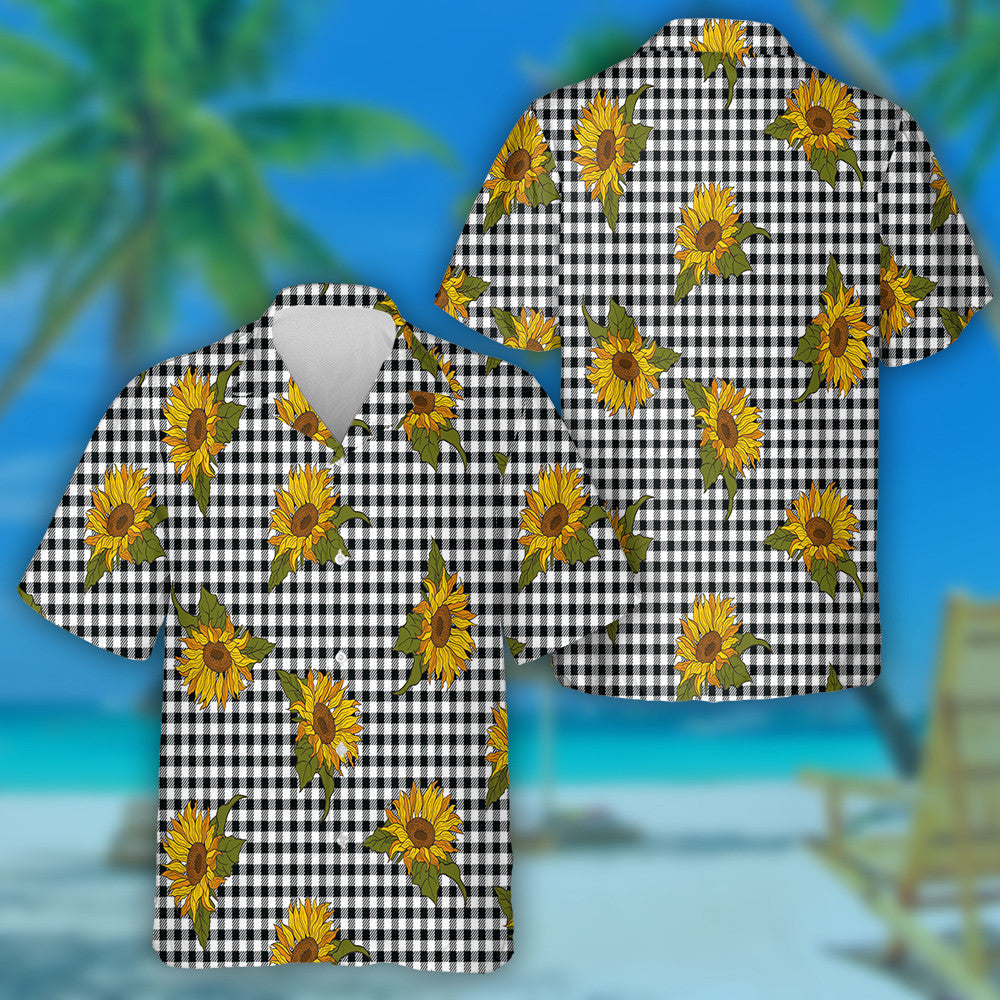 Bright Sunflowers On Black White Buffalo Plaid Background Hawaiian Shirt, Hawaiian Shirt Gift, Christmas Gift