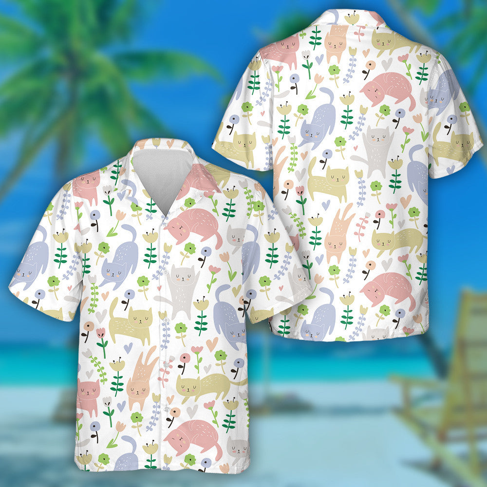 Funny Cats And Flowers In Cartoon Style Hawaiian Shirt, Hawaiian Shirt Gift, Christmas Gift