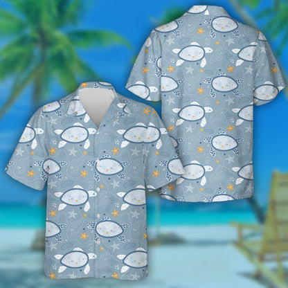 Cute Blue Turtles In The Sea Starfish Waves Hawaiian Shirt, Hawaiian Shirt Gift, Christmas Gift