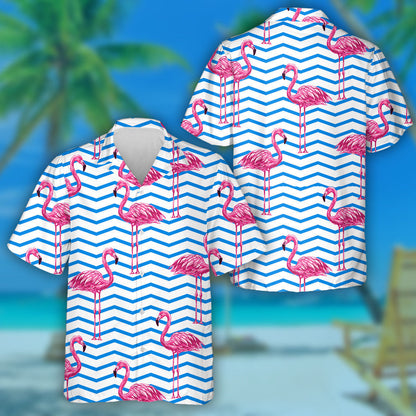 Beautifiul Flamingo Tropical On Blue Zigzag Background Hawaiian Shirt, Hawaiian Shirt Gift, Christmas Gift
