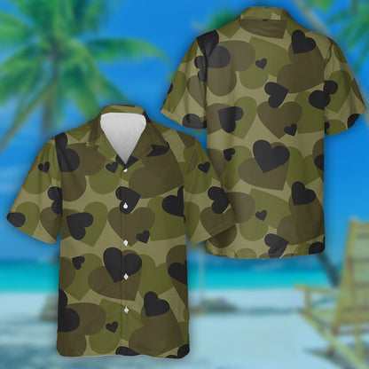 Dark Green Heart Shape Camouflage Military Hawaiian Shirt,Hawaiian Shirt Gift, Christmas Gift