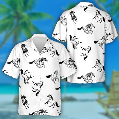Hand Drawn Sketch Style Horses And Jockeys Hawaiian Shirt, Hawaiian Shirt Gift, Christmas Gift