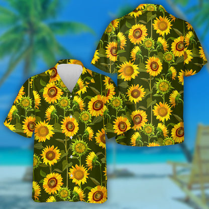 Large Field Of Sunflowers On Dark Green Background Hawaiian Shirt, Hawaiian Shirt Gift, Christmas Gift