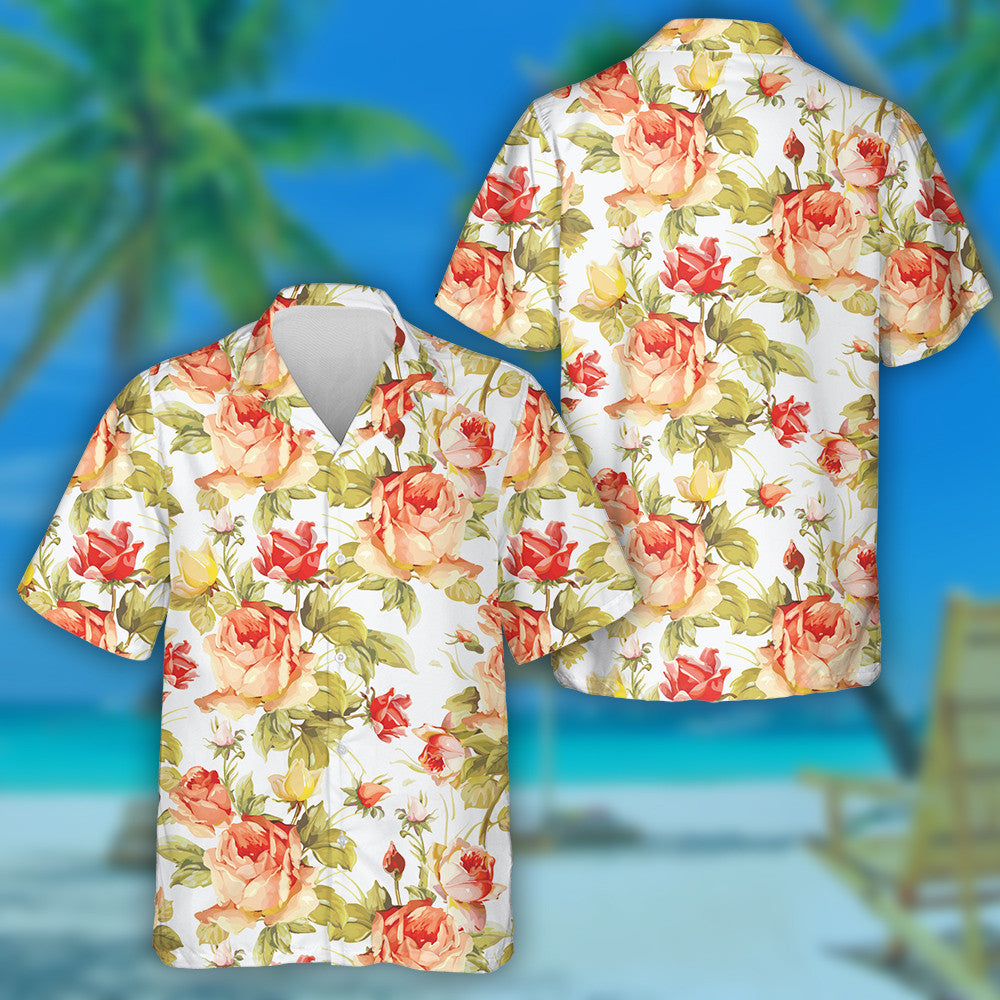 Romantic Flower Pattern Red Orange Roses Branch Design Hawaiian Shirt, Hawaiian Shirt Gift, Christmas Gift