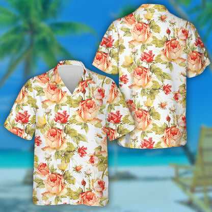 Romantic Flower Pattern Red Orange Roses Branch Design Hawaiian Shirt, Hawaiian Shirt Gift, Christmas Gift