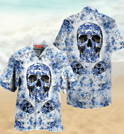 Blue Skull Unisex Hawaiian Shirt,Hawaiian Shirt Gift, Christmas Gift
