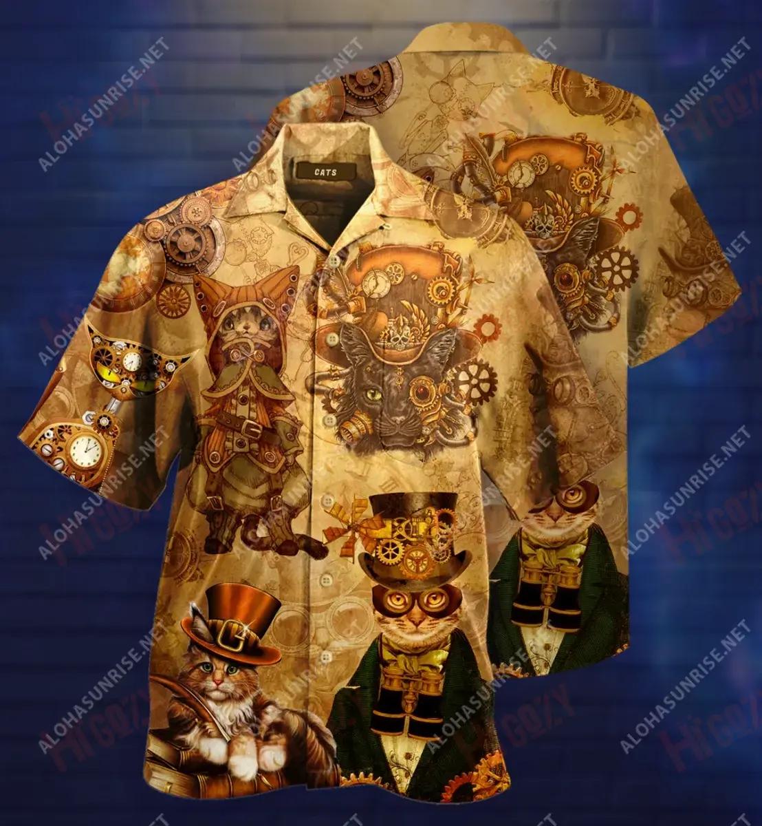 Steampunk Cat Top Hat Short Hawaiian Shirt Vacation Tropical Shirts Custom Hawaiian Shirts Hawaiian Shirt Pattern, Hawaiian Shirt Gift, Christmas Gift